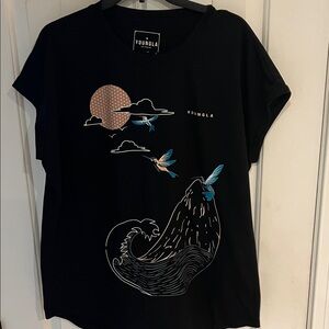 YoungLA Black Tee with Nature Graphic Featuring Hummingbirds in Flight